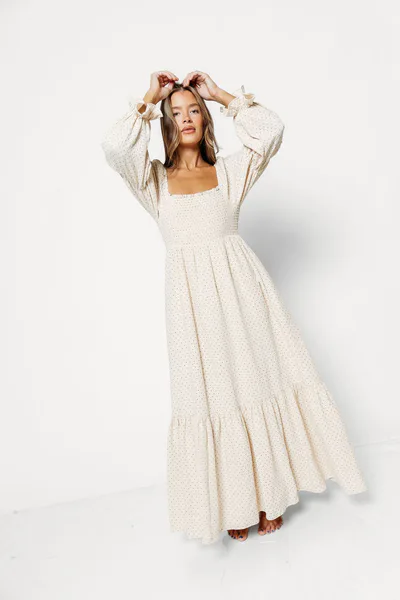Worth Collective Emerson 100% Cotton Smocked Maxi Dress with Long Sleeves in Natural Ivory - Bump Friendly & Inclusive Sizing *9/17 PRE-ORDER*