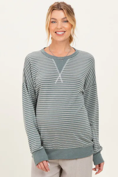 PinkBlush Olive Striped Crew Neck Pullover Maternity Top