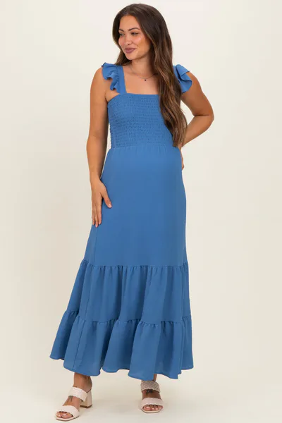 PinkBlush Blue Ruffle Strap Smocked Maternity Maxi Dress