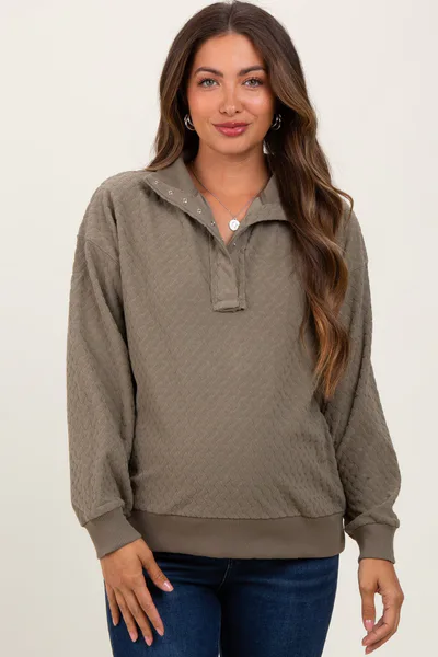 PinkBlush Olive Quilted Knit Snap Collar Maternity Pullover Top