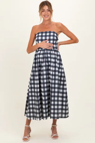 PinkBlush Navy Gingham Strapless Maternity Midi Dress