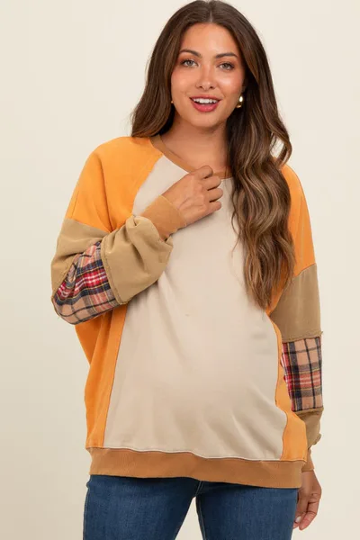 PinkBlush Peach Colorblock Plaid Dolman Sleeve Maternity Pullover