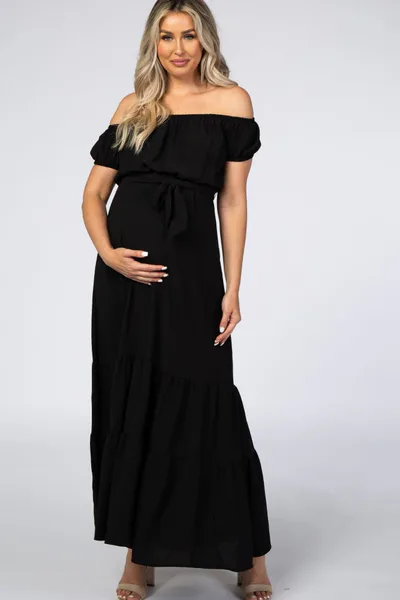 PinkBlush Black Off Shoulder Ruffle Hem Maternity Maxi Dress