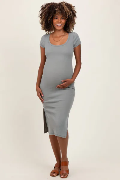 PinkBlush Light Olive Scoop Neck Short Sleeve Mineral Wash Maternity Midi Dress