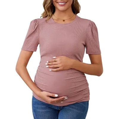 Target INSPIRE CHIC Women's Maternity Blouse Business Office Side Ruched Ribbed Knit Puff Sleeve Top Casual Pregnancy Clothes Large Pink