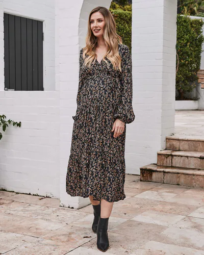 Angel Maternity Lauren Maternity V Neck Floral Dress In Navy