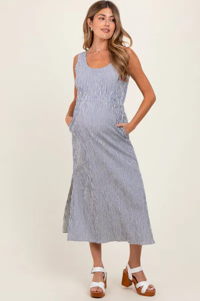 PinkBlush Navy Striped Sleeveless Cutout Side Slit Maternity Maxi Dress