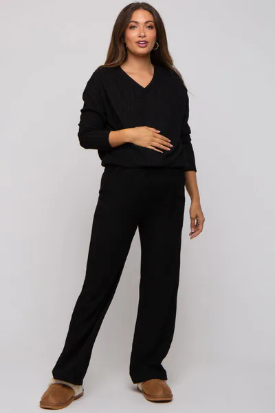 PinkBlush Black Ribbed Soft Knit Long Sleeve Maternity Pajama Set