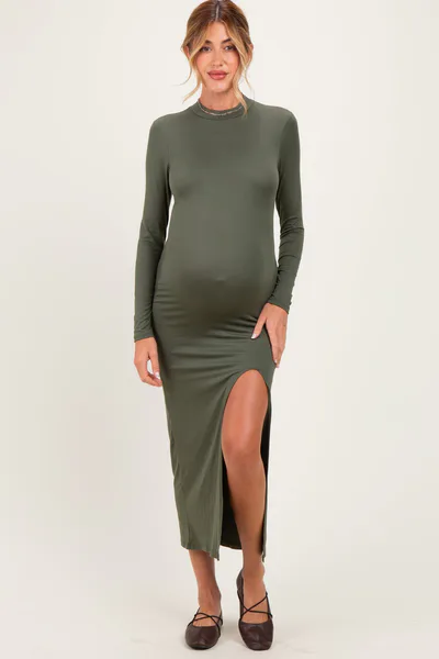 PinkBlush Olive Mock Neck Front Slit Long Sleeve Maternity Maxi Dress