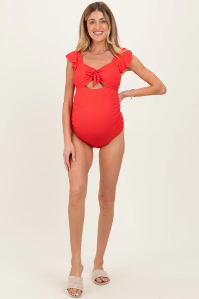 PinkBlush Red Ribbed Front Tie Cutout Ruched Maternity Swimsuit