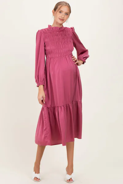 PinkBlush Mauve Mock Neck Satin Smocked Chest Maternity Dress