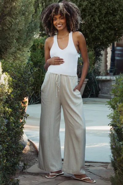 PinkBlush Oatmeal Pinstripe Drawstring Maternity Linen Pants