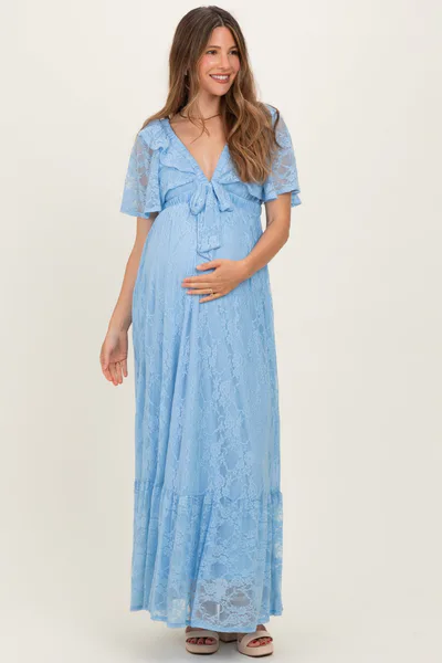 PinkBlush Light Blue Lace Flutter Sleeve Tiered Maternity Maxi Dress