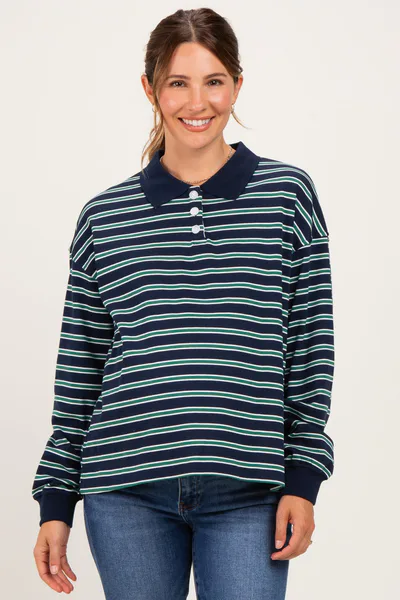 PinkBlush Navy Striped Long Sleeve Polo Maternity Top
