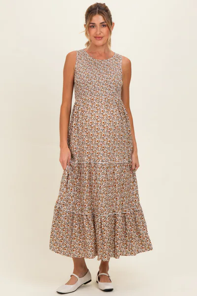 PinkBlush Beige Floral Smocked Sleeveless Tiered Maternity Maxi Dress