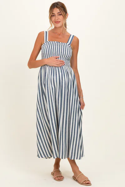 PinkBlush Navy Striped Smocked Sleeveless Maternity Midi Dress