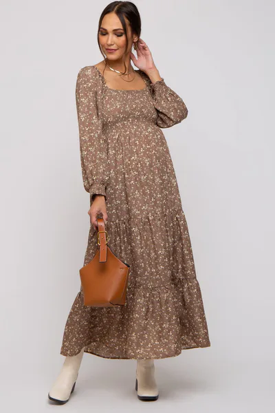 PinkBlush Mocha Floral Smocked Long Sleeve Maternity Maxi Dress