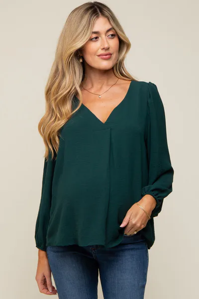 PinkBlush Forest Green Long Puff Sleeve Blouse Top