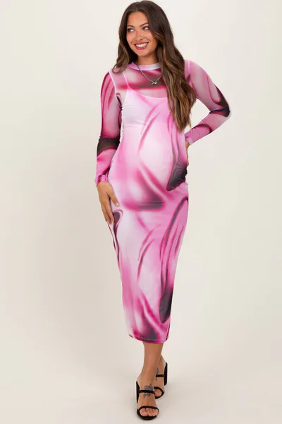 PinkBlush Pink Abstract Fitted Maternity Dress