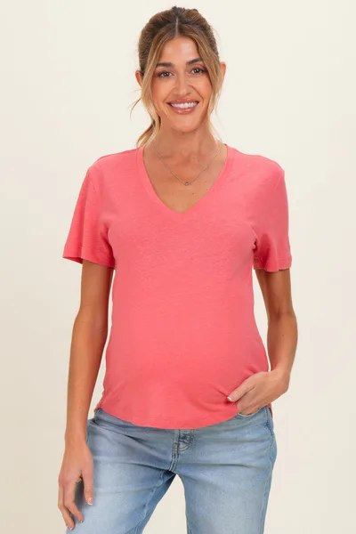 PinkBlush Guava Punch Linen Blend V-Neck Short Sleeve Maternity T-Shirt
