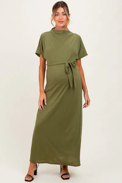 PinkBlush Olive Plaid Draped Neckline Sash Tie Maternity Maxi Dress