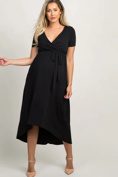PinkBlush Black Solid Hi-Low Maternity Wrap Dress