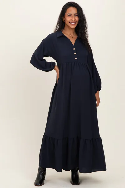 PinkBlush Navy Solid Long Sleeve Button Down Tiered Collared Maternity Dress
