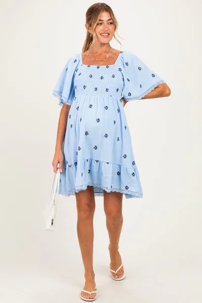 PinkBlush Blue Floral Embroidered Smocked Maternity Dress