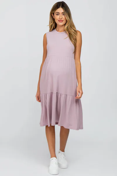 PinkBlush Lavender Ribbed Sleeveless Maternity Midi Dress