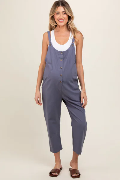 PinkBlush Blue Button Down Maternity Cropped Jumpsuit