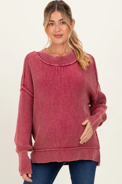 PinkBlush Burgundy Washed Side Slit Oversized Maternity Sweater