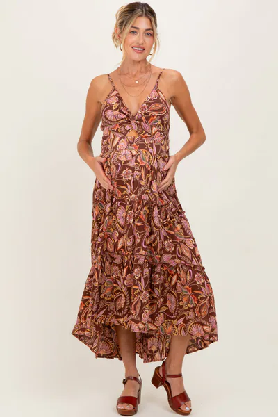 PinkBlush Brown V Neck Front Twist Hi Lo Maternity Maxi Dress