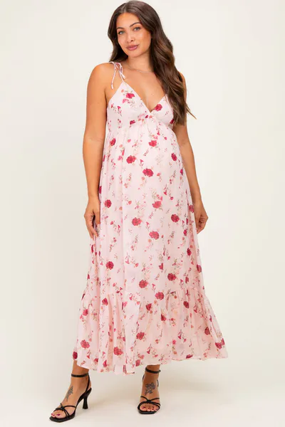 PinkBlush Pink Floral Shoulder Tie Ruffle Hem Maternity Maxi Dress