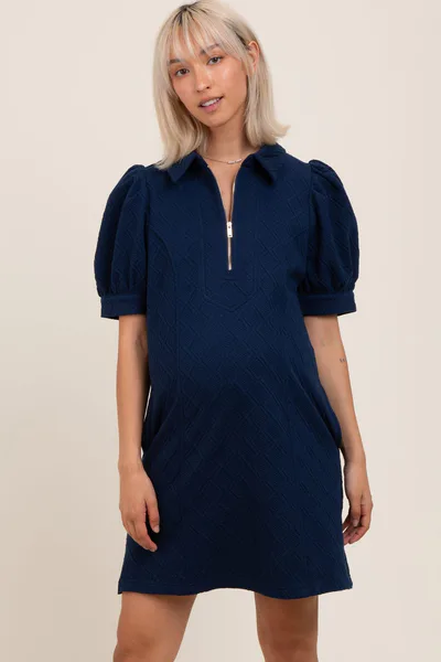PinkBlush Navy Jacquard 1/4 Zip Maternity Mini Shirt Dress