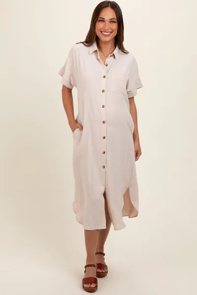 PinkBlush Beige Button Down Front Pocket Maternity Midi Dress
