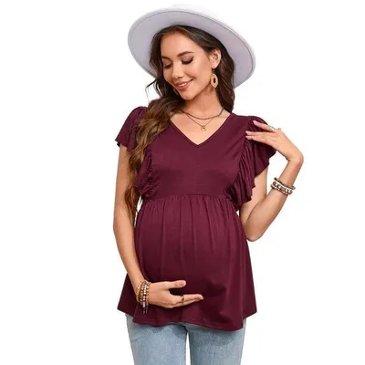 Target Coolmee Womens Maternity Summer Ruffle Short Sleeve Tops Shirts Casual V Neck High Waist Pregnancy Tunic Blouse Burgundy L