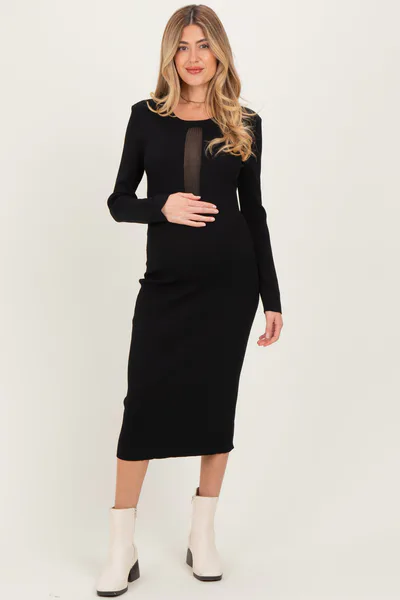 PinkBlush Black Fitted Mesh Cutout Maternity Dress