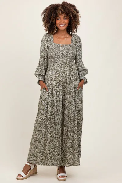 PinkBlush Olive Floral Long Sleeve Wide Leg Maternity Jumpsuit