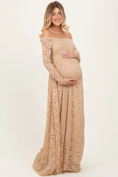 PinkBlush Gold Floral Lace Long Sleeve Off Shoulder Maternity Maxi Dress