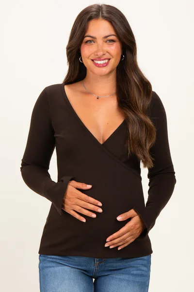 PinkBlush Brown Fitted Long Sleeve Maternity Wrap/ Nursing Top