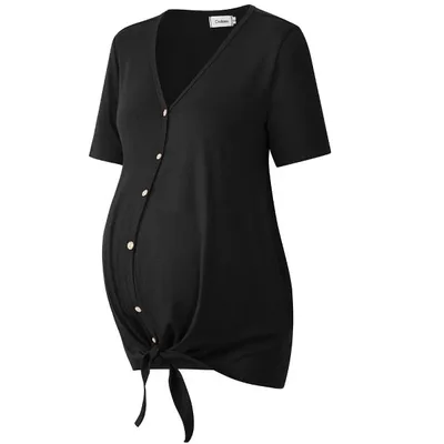 Target Coolmee Women Summer Maternity Loose Blouse Short Sleeve V Neck Button Down T Shirts Tie Front Knot Casual Tops 2XL Black