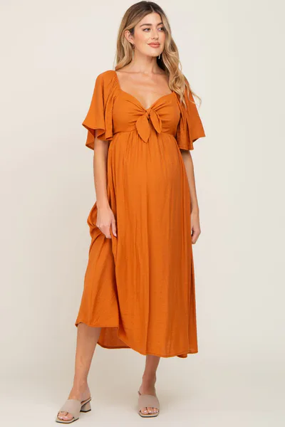 PinkBlush Rust Front Tie Ruffle Sleeve Maternity Midi Dress
