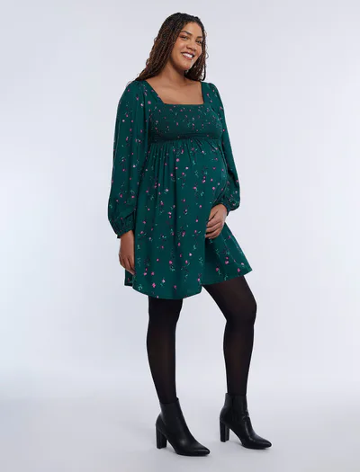 Motherhood Maternity Long Sleeve Smocked Empire Waist Dress