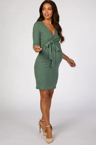 PinkBlush Green Brushed Knit Wrap Fitted Maternity/Nursing Dress