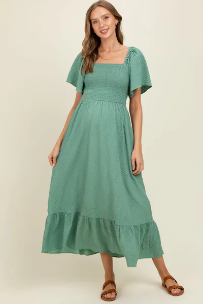 PinkBlush Green Convertible Stretchy Smocked Maternity Maxi Dress