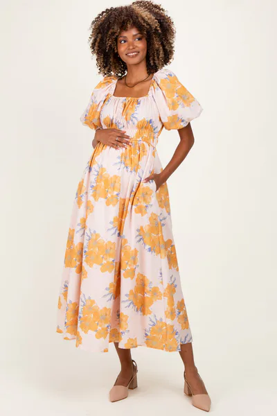 PinkBlush Peach Floral Print Square Neck Bubble  Sleeve Maternity Midi Dress