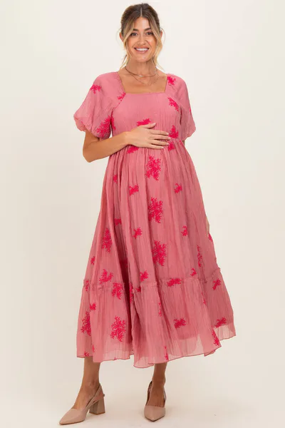 PinkBlush Pink Floral Print Ruffle Hem Maternity Midi Dress