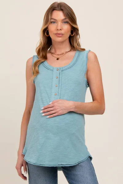 PinkBlush Light Blue Raw Hem Button Detail Sleeveless Maternity Top