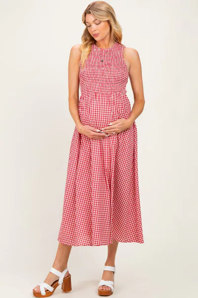 PinkBlush Red Gingham Smocked Cutout Tie Back Maternity Maxi Dress