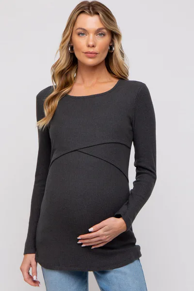 PinkBlush Charcoal Ribbed Crossover Maternity/Nursing Top